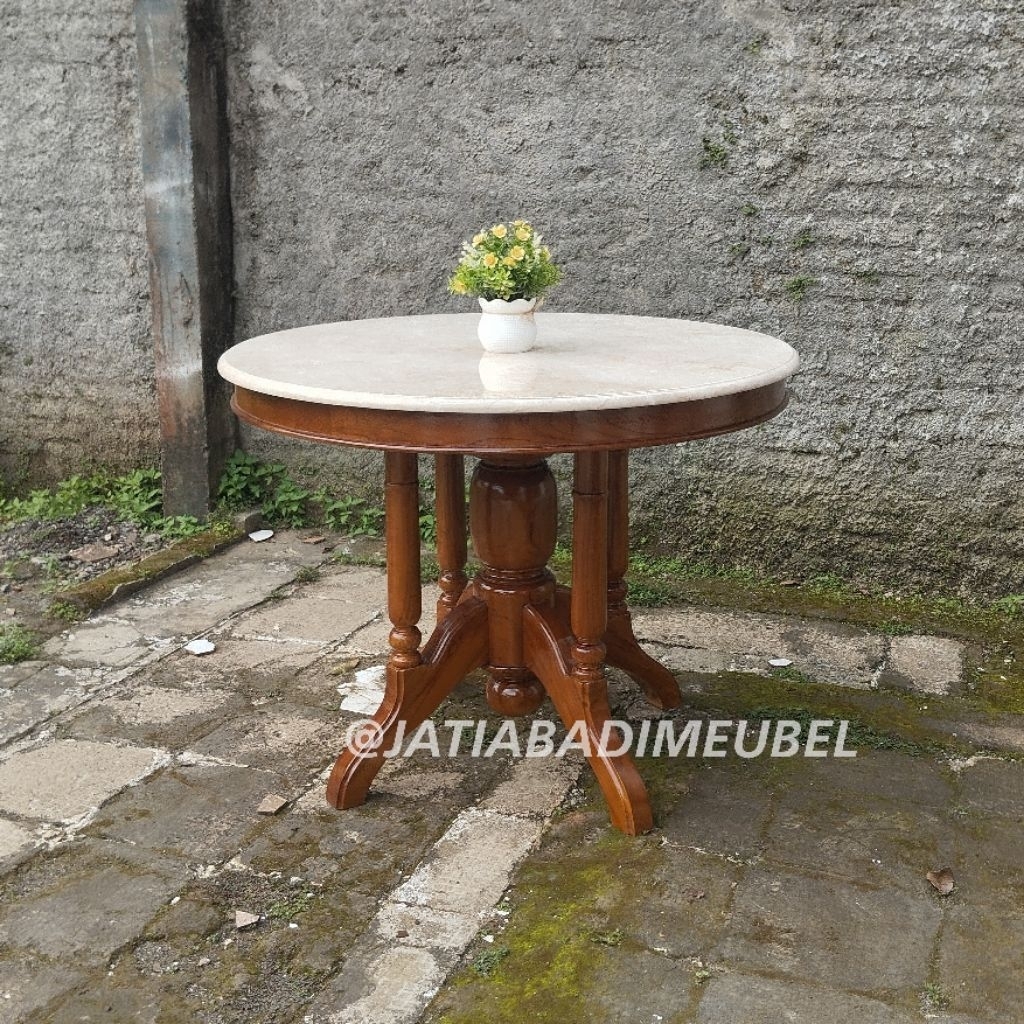 Meja Makan Bundar Bulat Marmer Klasik Kayu Jati, Meja Tamu Teras Bundar Bulat Marmer Jati