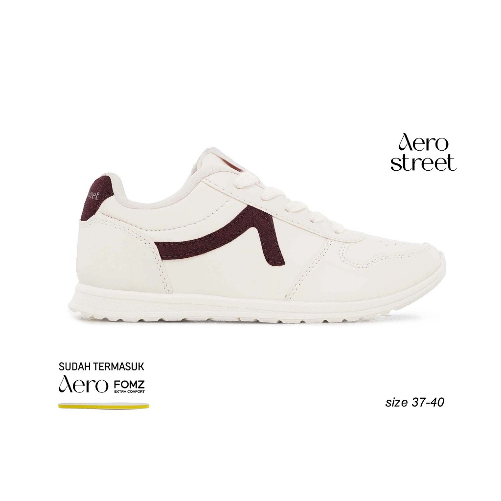 Aerostreet Almond Sneakers Wanita Natural/Maroon Sepatu Cewek Women Casual Sporty Ringan Empuk