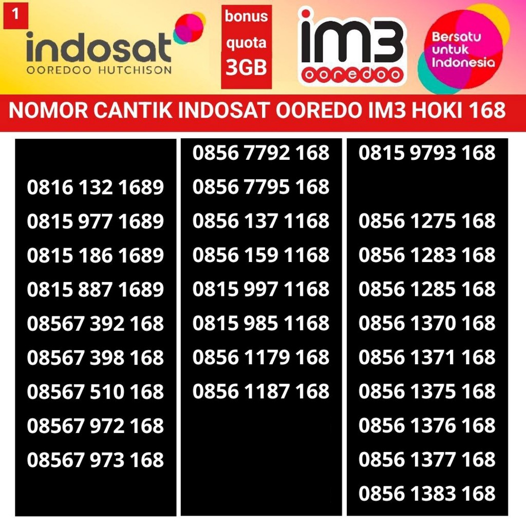 indosat im3 168 hoki yi lu fa nomer cantik kartu perdana 11 digit