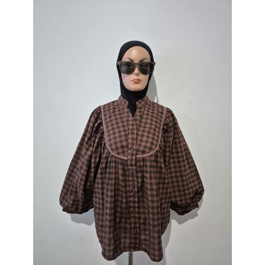 Blouse lengan balon kotak² mahogani