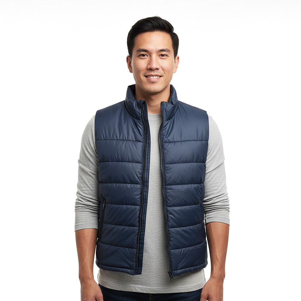 Rompi Vest Puffer Pria Parasut Waterproof Biru Dongker Bahan Tebal Anti Angin