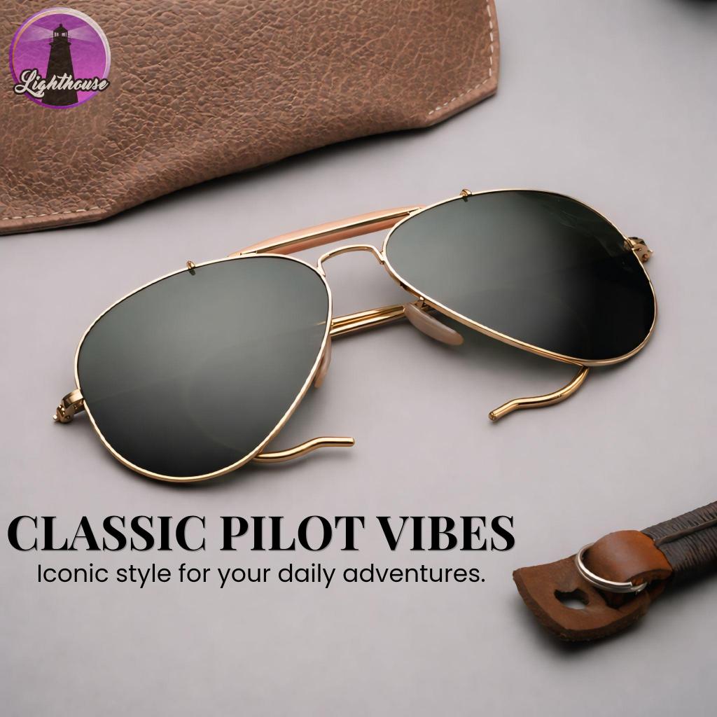 Kacamata Hitam Aviator Retro 3030 - Sunglasses Pilot Vintage Anti UV Metal Frame Gagang Lengkung Hig