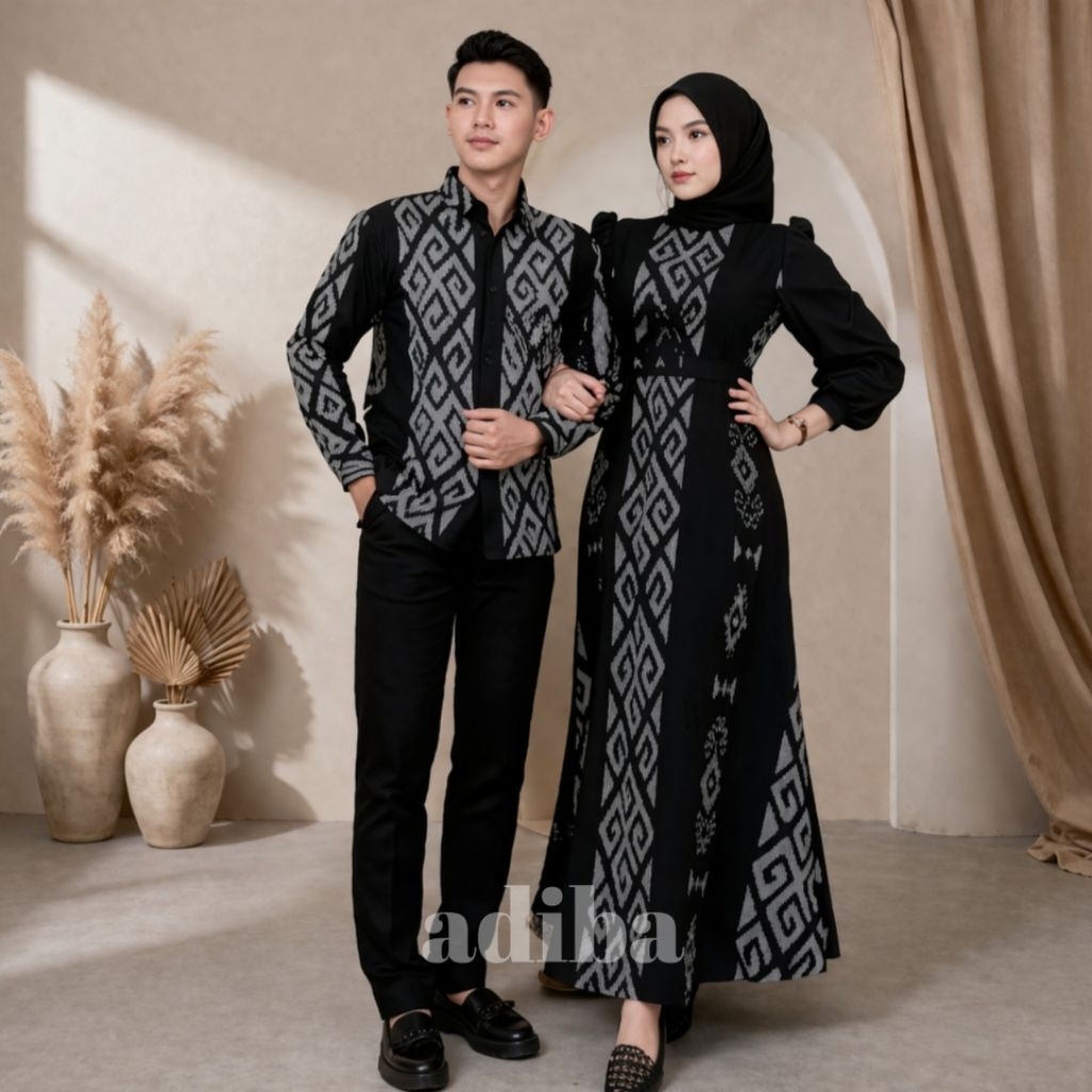 BAJU TENUN COUPLE DRESS RANIA HITAM BAJU COUPLE PASANGAN KONDANGAN BAJU SERAGAM KELUARGA LEBARAN