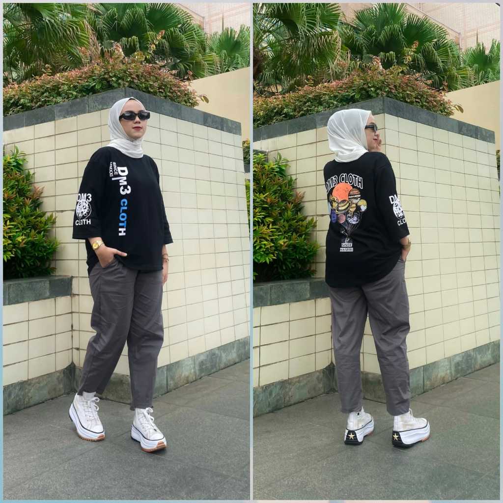 One Set Kaos Hitam Lengan Panjang DM3 Cloth Motif Unik Lengan Samping, Cocok Muslimah