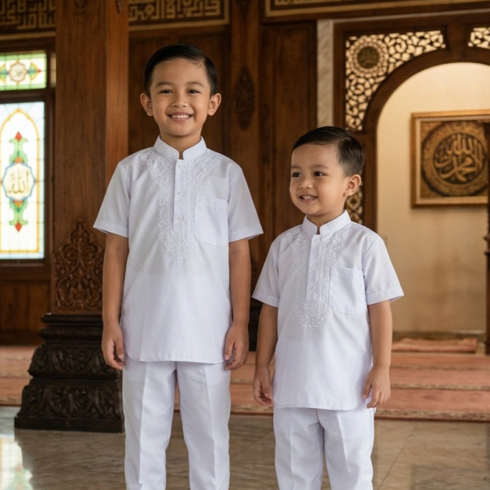 Setelan Koko Anak Putih Pendek Bahan Katun Micro Premium