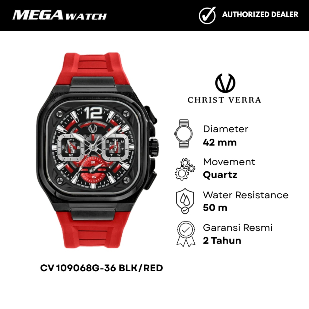 Jam Tangan CHRIST VERRA Pria Original CV 109068G-36 BLK/RED