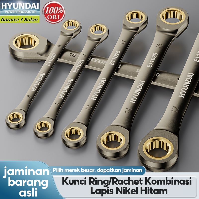HYUNDAI Kunci Rachet Double Head 72gigi Kunci Ring Pas 8-19mm Kunci Rachet Kombinasi Multifungsi