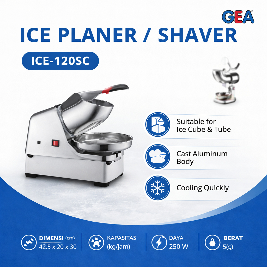 GEA ICE-120SC Mesin Serut Es Batu, Dua Pisau, Ketebalan Dapat Diatur