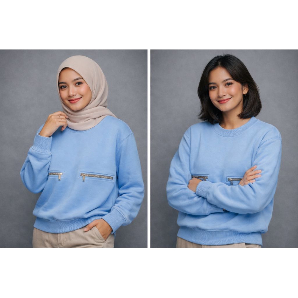 Sweater Crewneck Pria Wanita Premium Polos – Saku Resleting Depan Casual Streetwear Bahan FLEECE PE