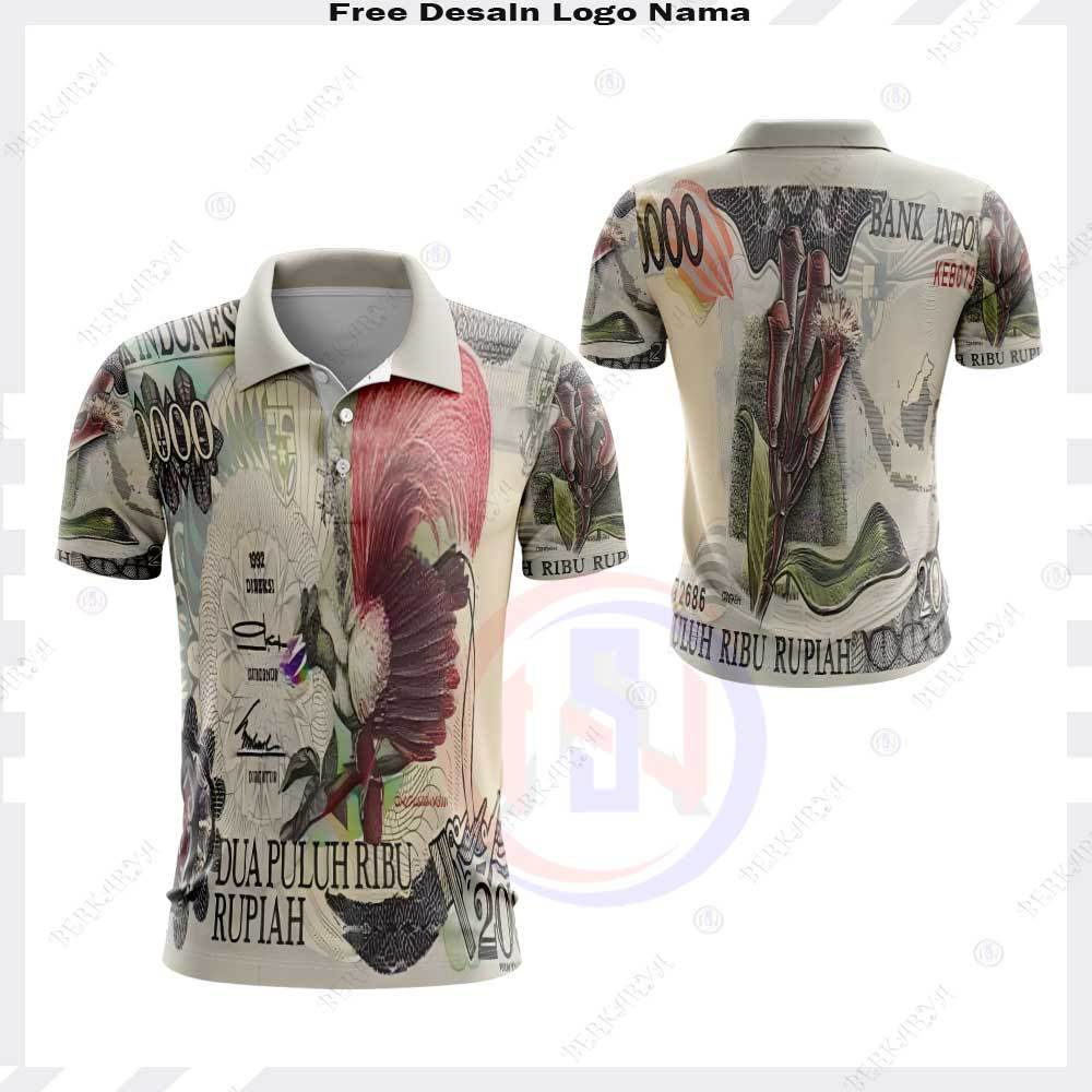 Kaos Jersey Uang - Baju Uang 20 Ribu Jadul Fullprint - Baju Kaos Polo Unik Gambar Uang 20 Rupiah