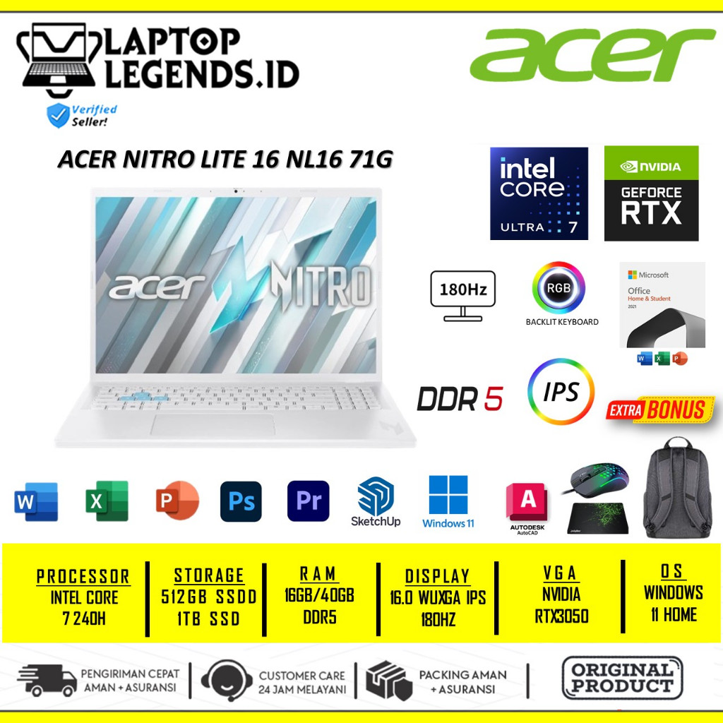 Acer Nitro Lite 16 NL16 71G Intel Core 7 240H 40GB 1TB SSD RTX3050 6GB 180Hz Wuxga 100% sRGB Windows