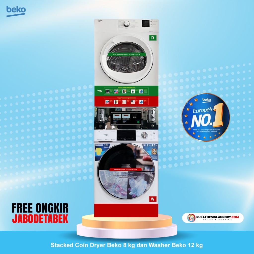 Beko Set Stack Coin Mesin Cuci 12kg 1400RPM & Mesin Pengering 8kg Konversi Gas BB12