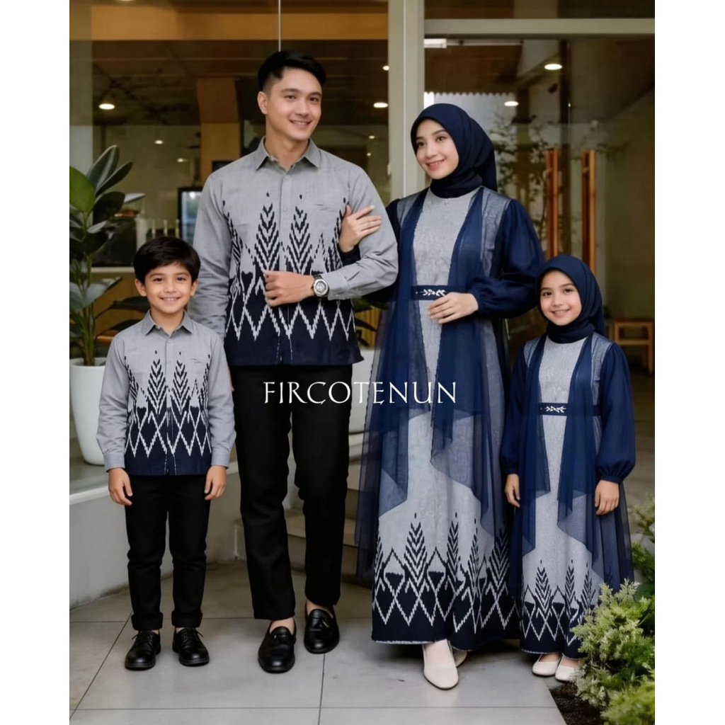 Couple Keluarga Tenun Elvara Navy - Sarimbit Keluarga Tenun - Kemeja Tenun Pria & Dress Tenun Wanita