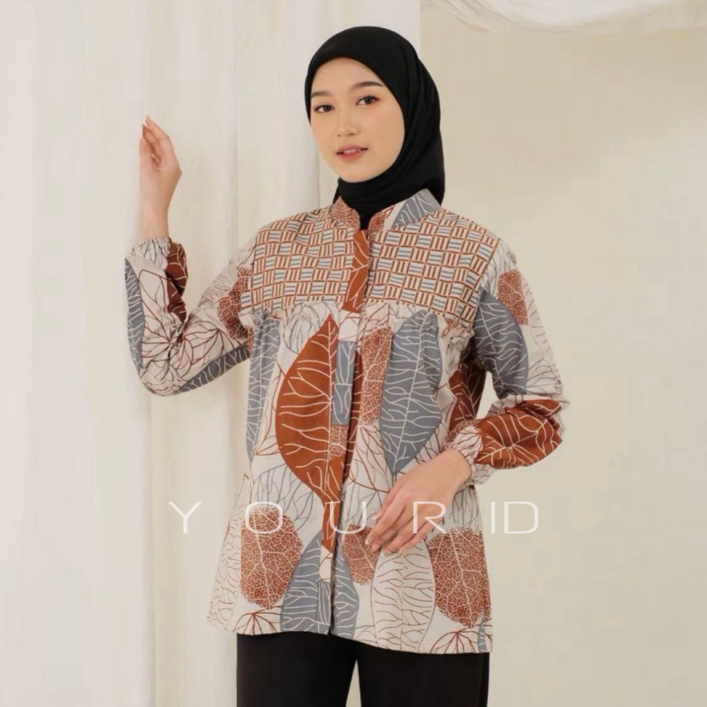 Baju Batik Atasan Wanita Modern Atasan Blouse Batik Kerja Kantor Wanita Lengan Balon Motif Daun Tala