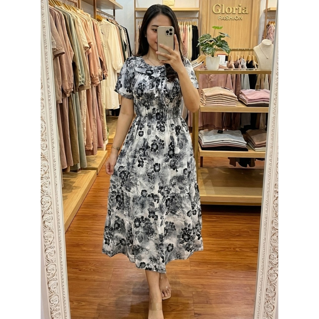 Gloria Daster Sabrina Viral - Dress Korea Motif Bunga Kerut Pinggang Premium - Abu Muda