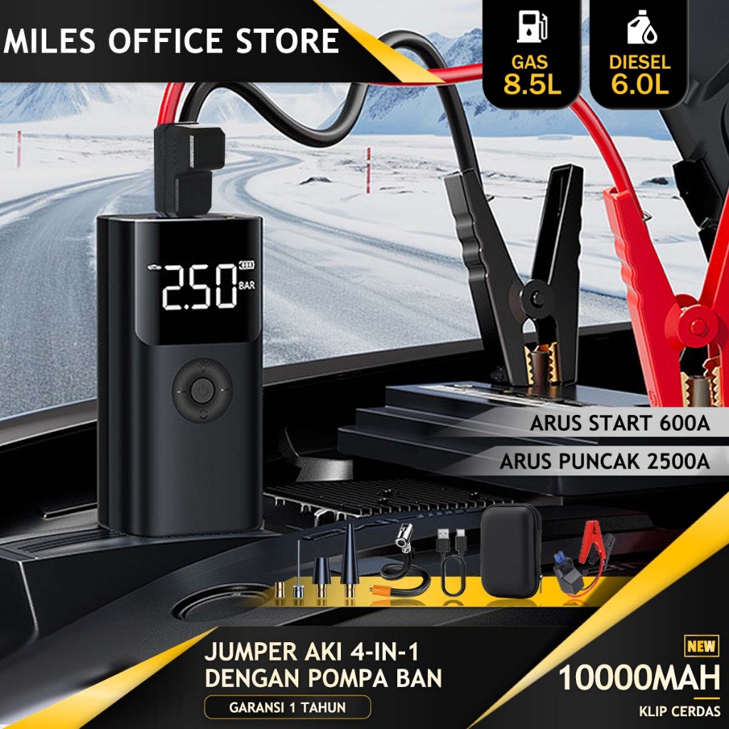 Jumper Aki Mobil Portable 10000mAh 12V Dan Pompa Ban Dilengkapi Power Bank Dan Lampu LED Jumper Aki
