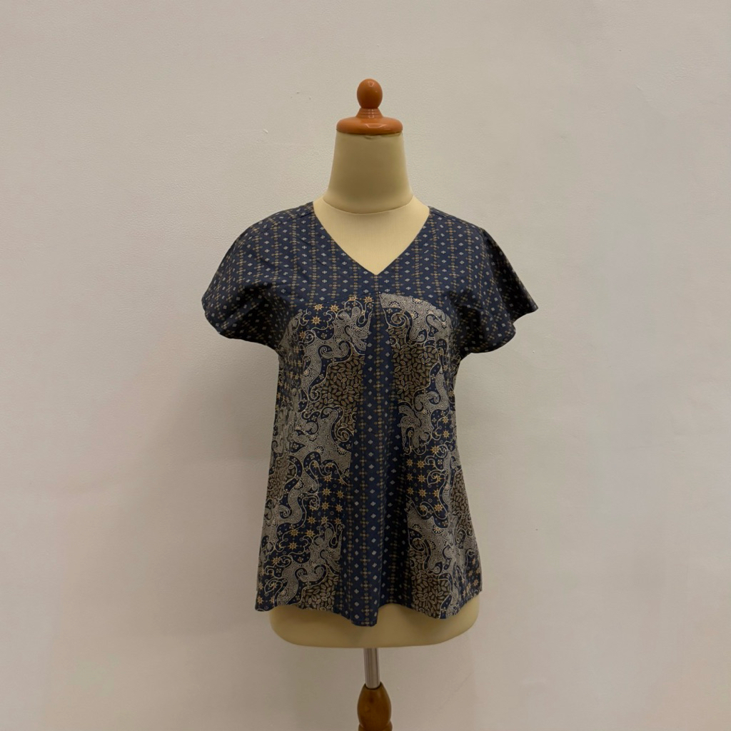 PRELOVED Batik Keris Dark Purple Traditional Print Short Sleeve Blouse Top Fashion Wanita