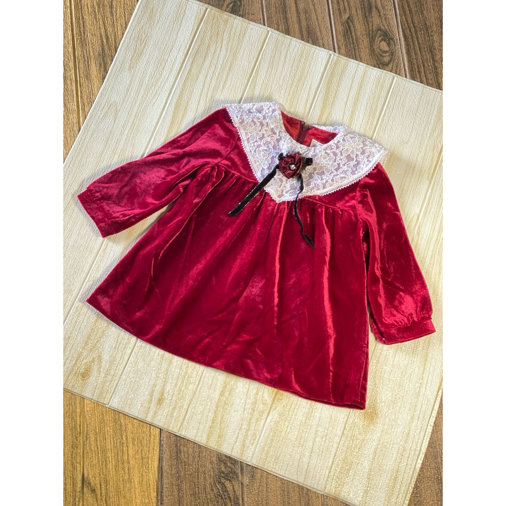 dres dress velvet bludru kerah sailor baby bayi anak cewek perempuan merah maroon size 95 9M 1T