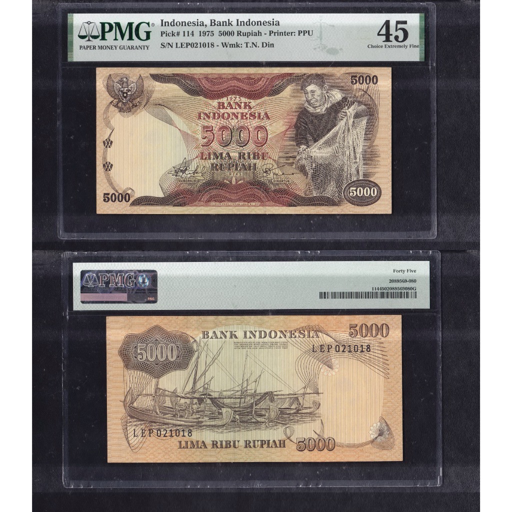 Uang kuno PMG 45 - 5000 rupiah  tahun 1975 'Nelayan Penjala Ikan S/N : LEP021018