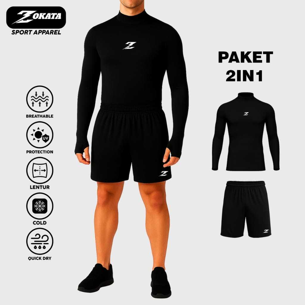 Paket 2IN1 Setelan Olahraga Pria Wanita Baselayer Manset Thumbhole Celana Pendek Dryfit Bahan Spande
