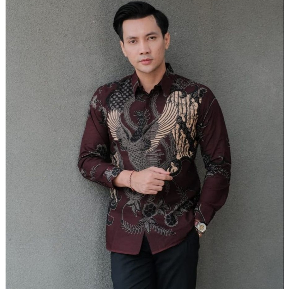 kemeja batik pria lengan panjang slimfit merah hati atasan batik pria kantor kondangan remaja pria
