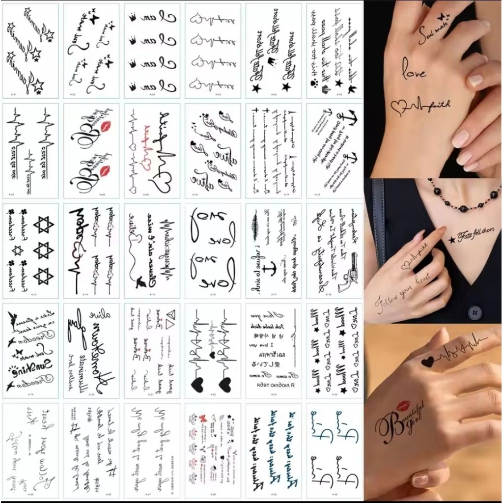 10 Pcs Gambar Tato Temporer Tahan Air Sementara Seri A TULISAN INGGRIS KECIL Motivasi