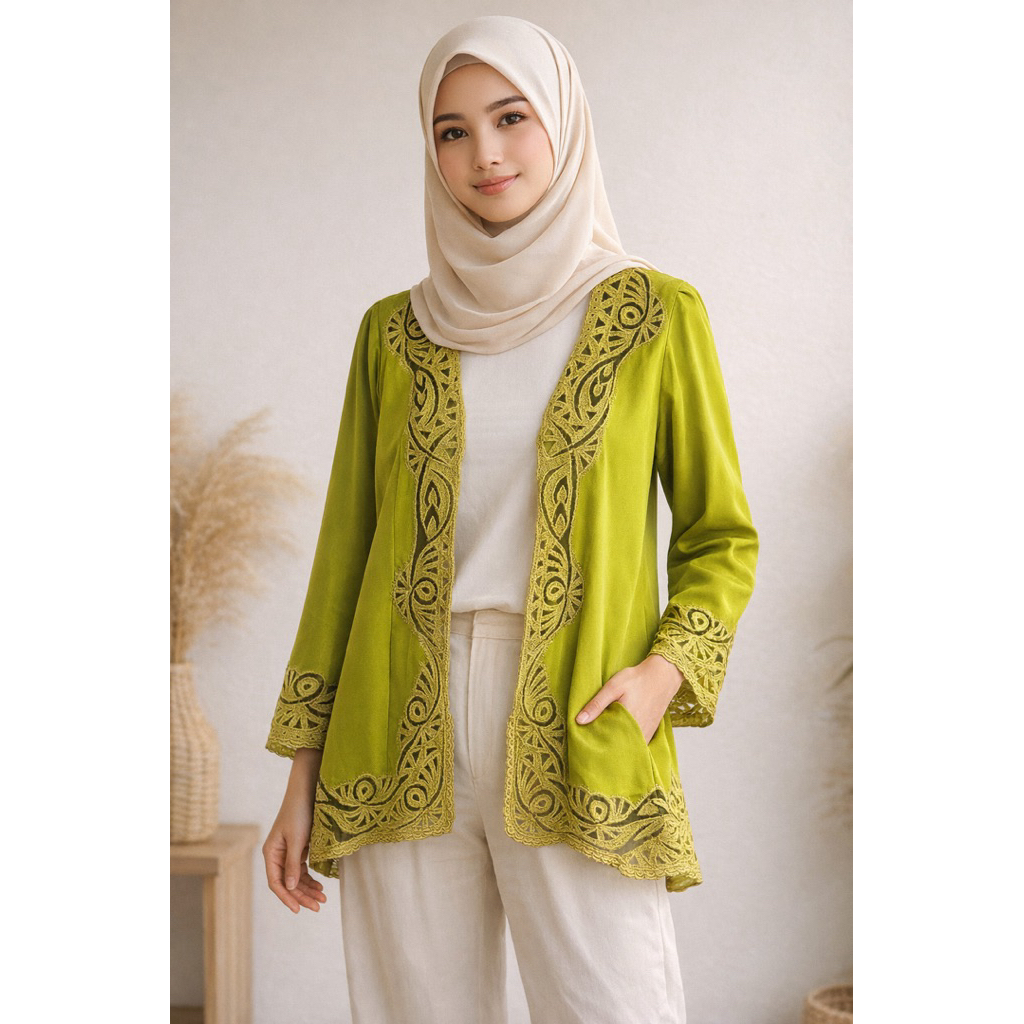 Outer Wanita Hijab Etnik Bordir Premium Warna Olive Elegant