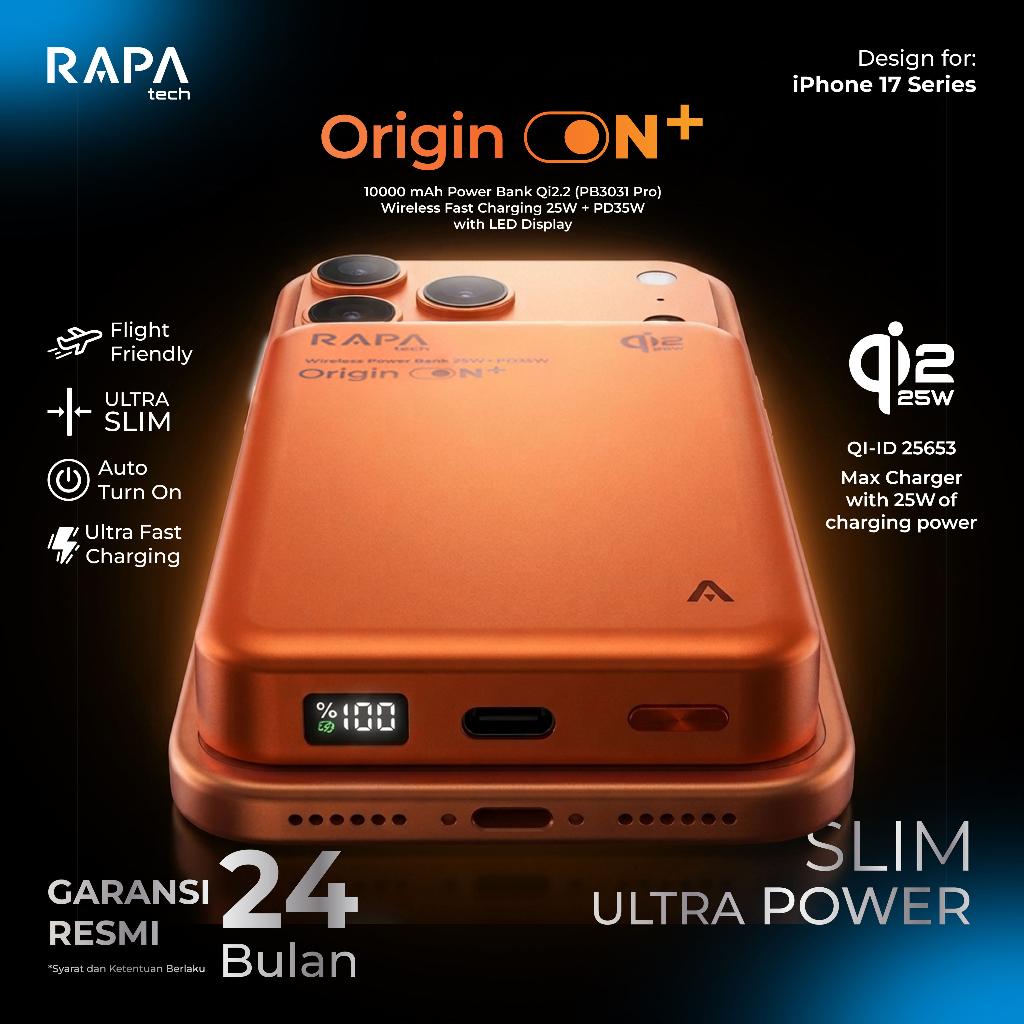 RAPAtech Wireless Power Bank 3C/CCC 10.000 mAh Qi2.2 Fast Charging 35W for iPhone 17 16 15 Origin ON