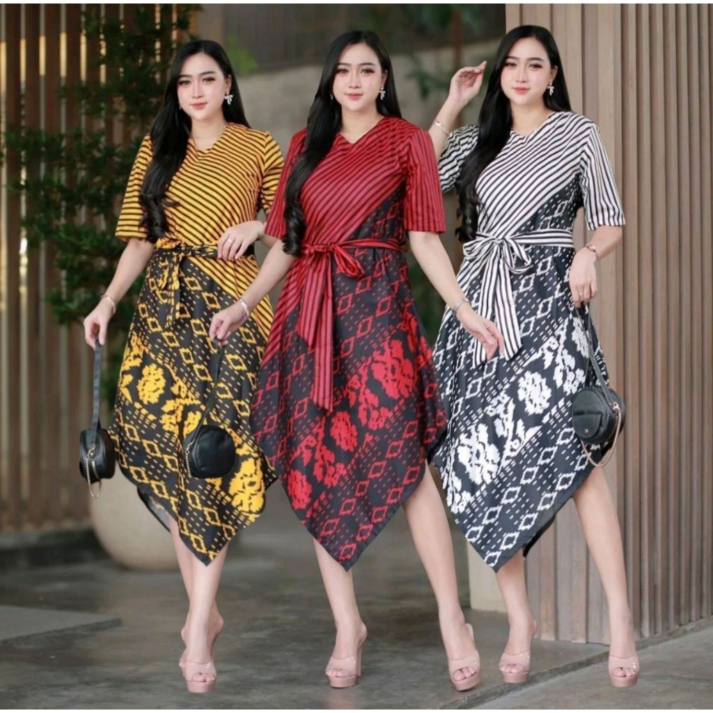 Dress Lancip Wanita Batik Motif Songket Tenun Baju Batik Modern Dres Gereja Imlek