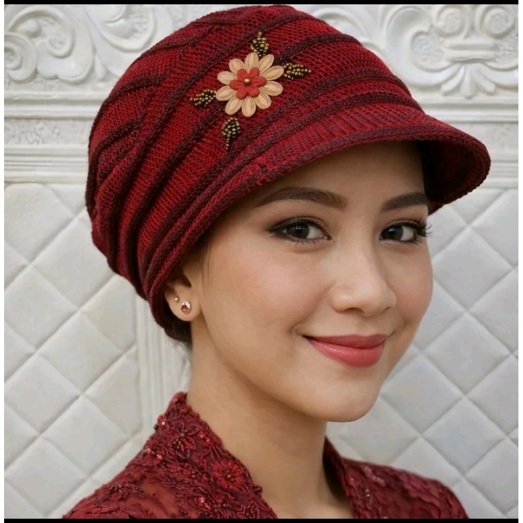 Ciput Rajut Turban Pet Bunga Siro | Inner Topi Rajut | Ciput Nenek / Muslimah