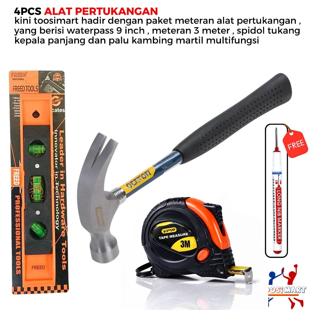 3 PCS Alat Pertukangan /Waterpass Torpedo 9”,Meteran Tukang Anti Karat,Palu Kambing Multifungsi