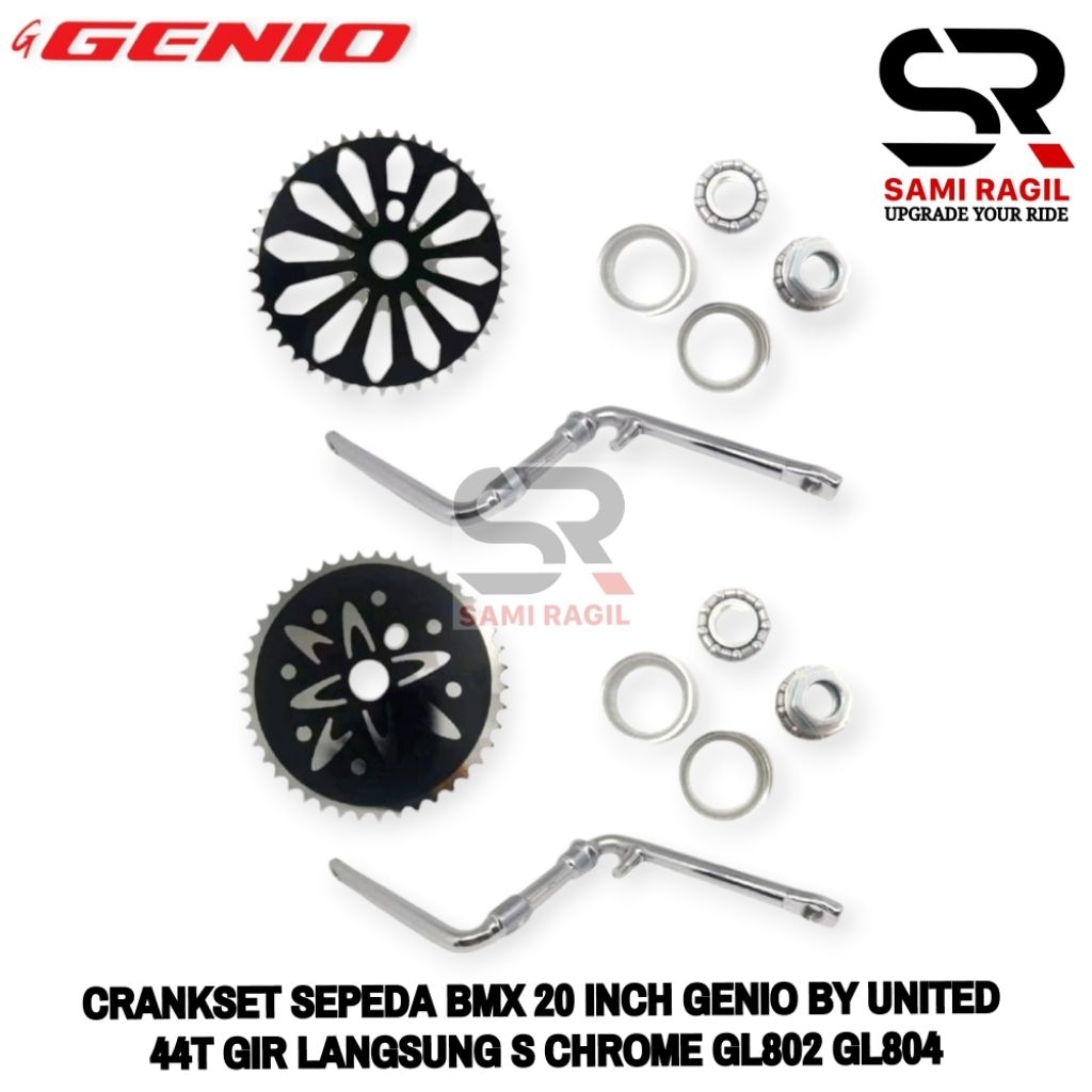 CRANKSET SEPEDA BMX 20 INCH GENIO BY UNITED 44T 44 T GIR LANGSUNG S CRANK GEAR TENGAH ENGKEL SET 20"