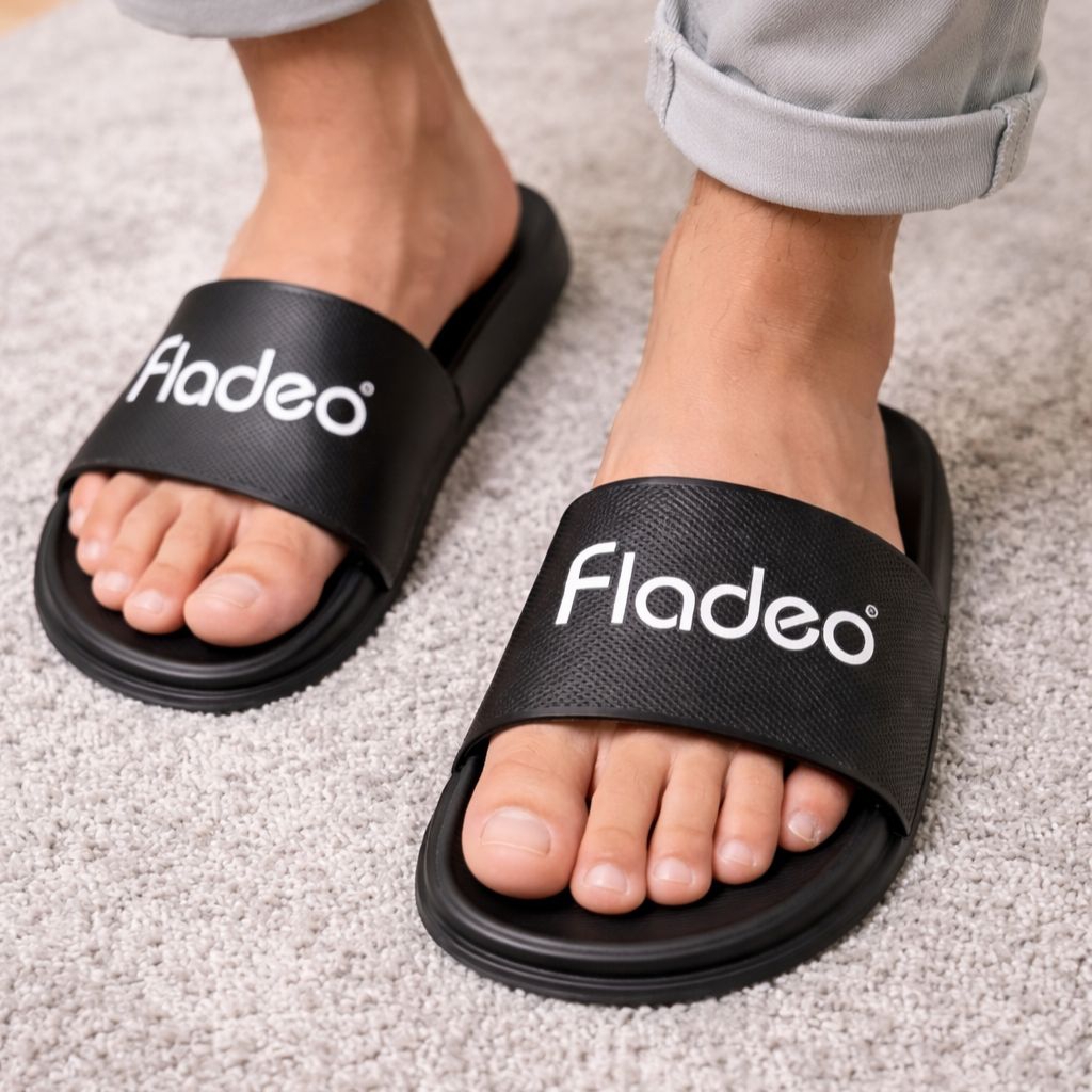Sandal Slide Pria Wanita | Sandal Slip On Motif Fladeo | Sandal Slop Premium Hitam Polos
