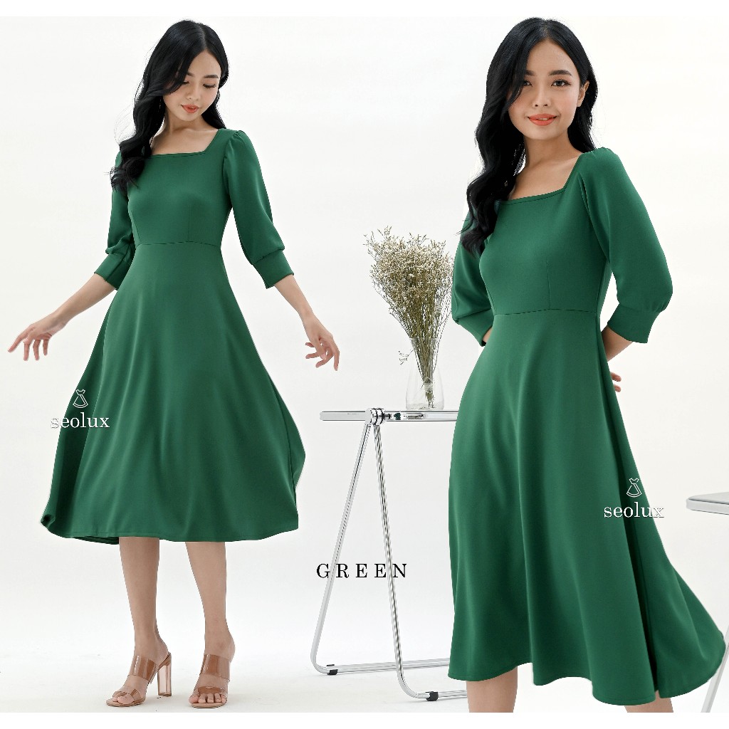 SEOLA - DS1660 - Dress Midi Scuba Dress Pesta Wanita Flare