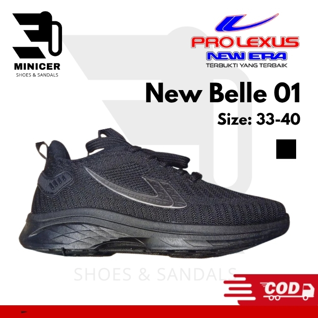 Sepatu Sekolah SMP SMA New Era Prolexus New Belle 01 Tali Hitam Full Black - Sneakers Remaja Polos T