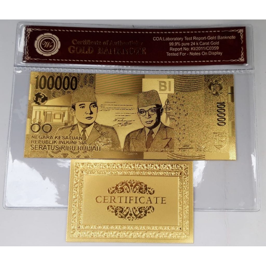 Uang souvenir gold foil bergambar 100.000 soekarno hatta soufenir goldfoil 100000 soeta