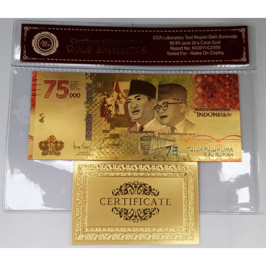 Uang souvenir gold foil color bergambar UPK 75.000 soekarno hatta soufenir goldfoil warna 75000 soet