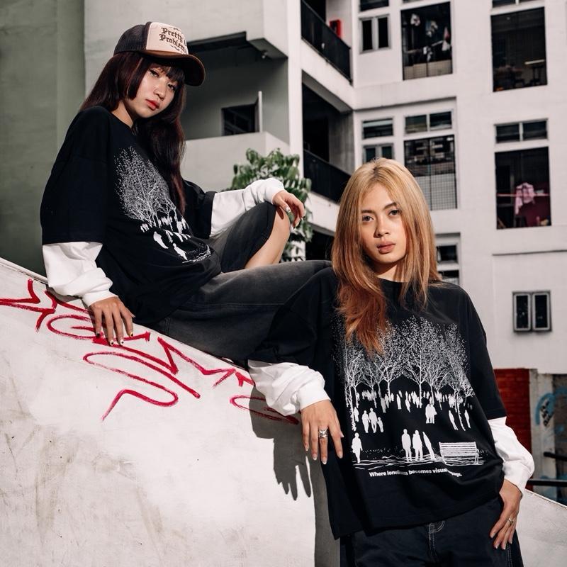 WRLD STUDIOS | Double Sleeve Boxy Oversized Tshirt Public Space Black 20s
