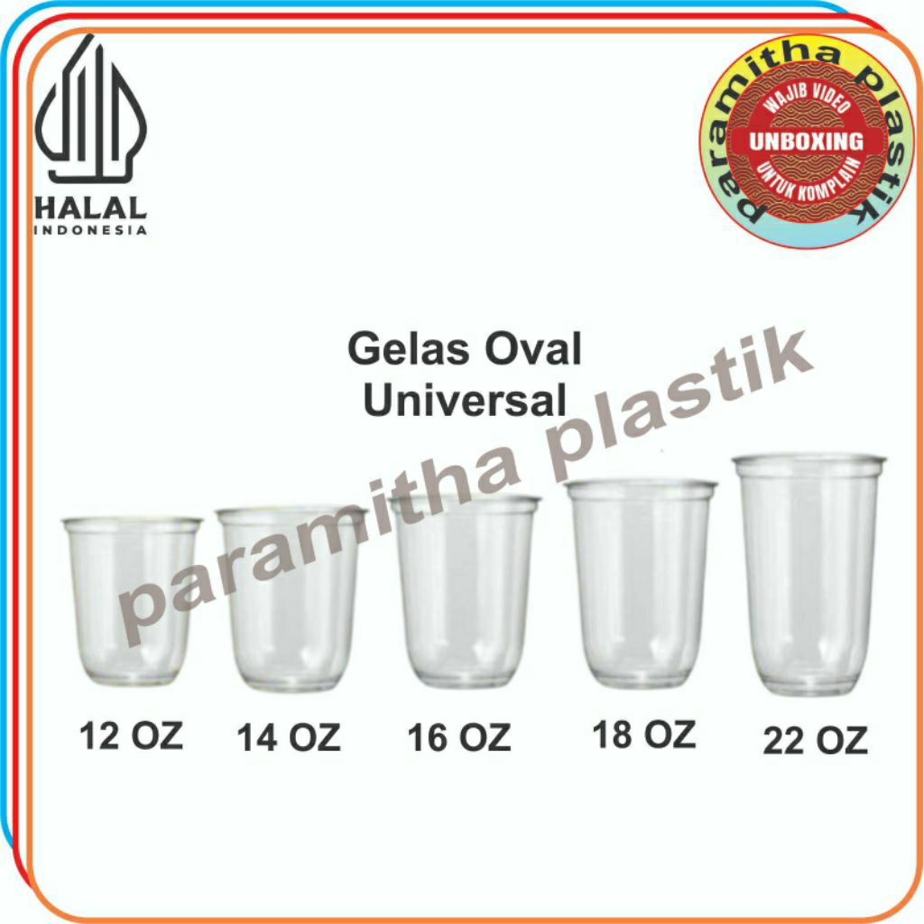 Gelas Plastik Universal Oval Ukuran 12oz 14oz 16oz 18oz 22oz & Gelas Plastik Universal Datar Ukuran 