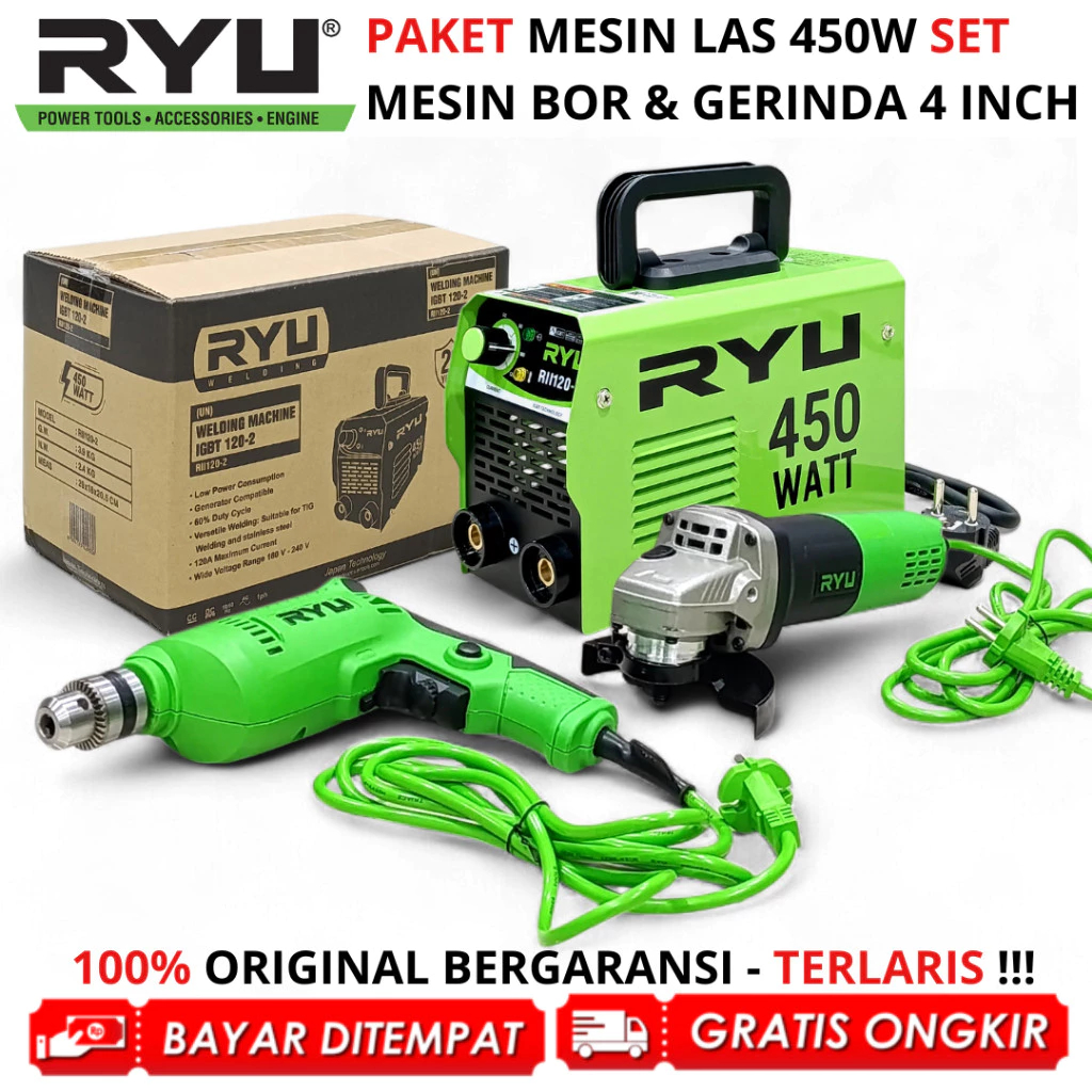PAKET 2 ITEM MESIN LAS RYU 450WAT + MESIN GERINDA RYU Mesin Travo Las Listrik Welding Inverter Trafo