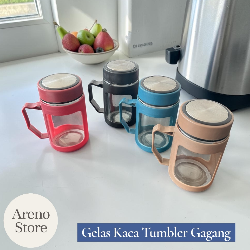 Gelas Kaca Mug Gagang Premium Tumbler Kaca Tutup 500ml || Souvenir Gelas