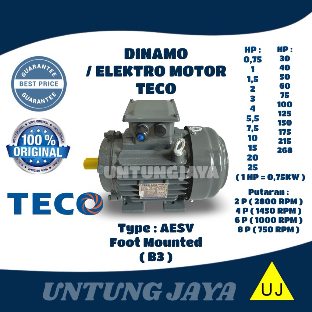 DINAMO ELEKTRO MOTOR TECO AESV 3 PHASE 50 HP 37 KW 4 POLE 1500 RPM / ELEKTRIK MOTOR TECO AESV 3PHASE