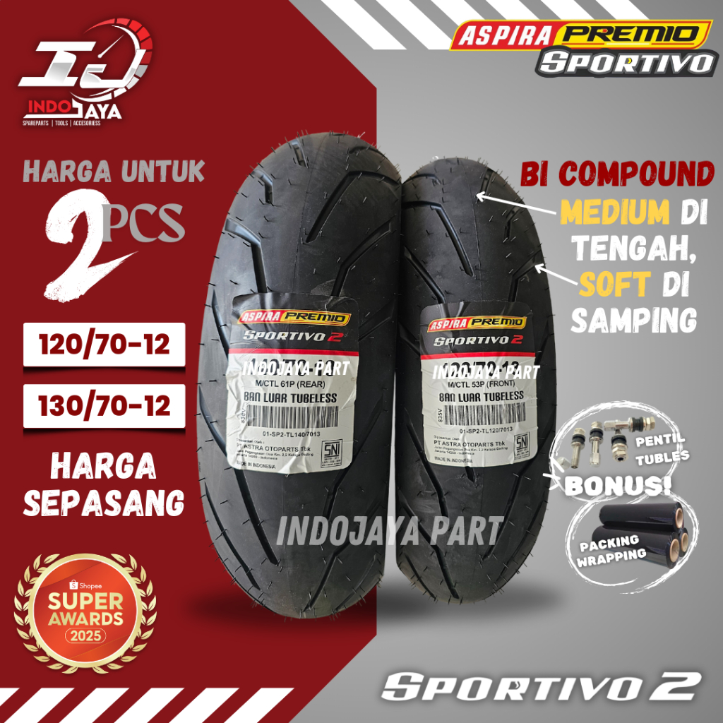 [READY COD] BAN LUAR  MEDIUM SOFT COMPOUND TUBELESS SPORTIVO 2 RING 12 ( 120/70-12 - 130/70-12 ) BAN