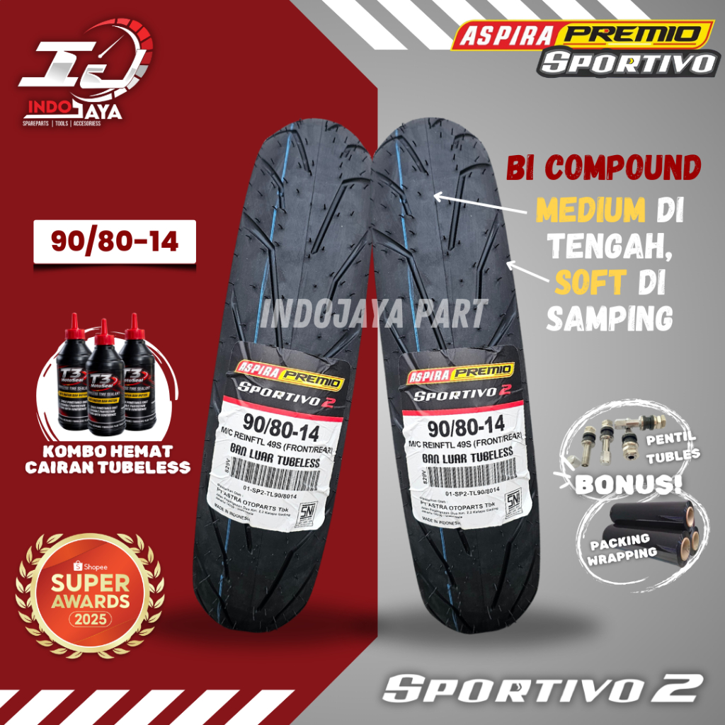 [PRODUK TERBARU] BAN LUAR ASPIRA PREMIO SPORTIVO 2 (90/80-14) BAN LUAR TUBELESS PREMIO / DEPAN BELAK