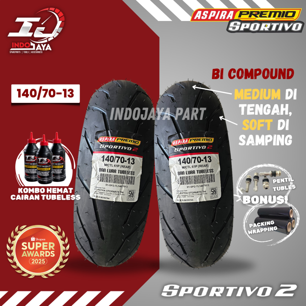 [PRODUK TERBARU] BAN LUAR ASPIRA PREMIO SPORTIVO 2 ( 140/70-13 ) BAN LUAR TUBELESS PREMIO / DEPAN BE
