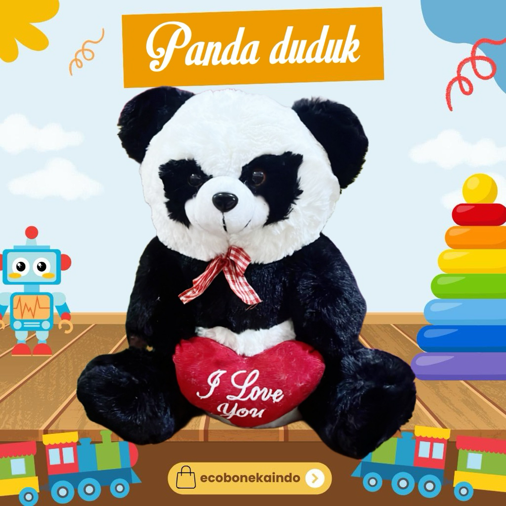 Boneka Panda love duduk lucu boneka beruang teddy bear hitam putih panda ecobonekaindo