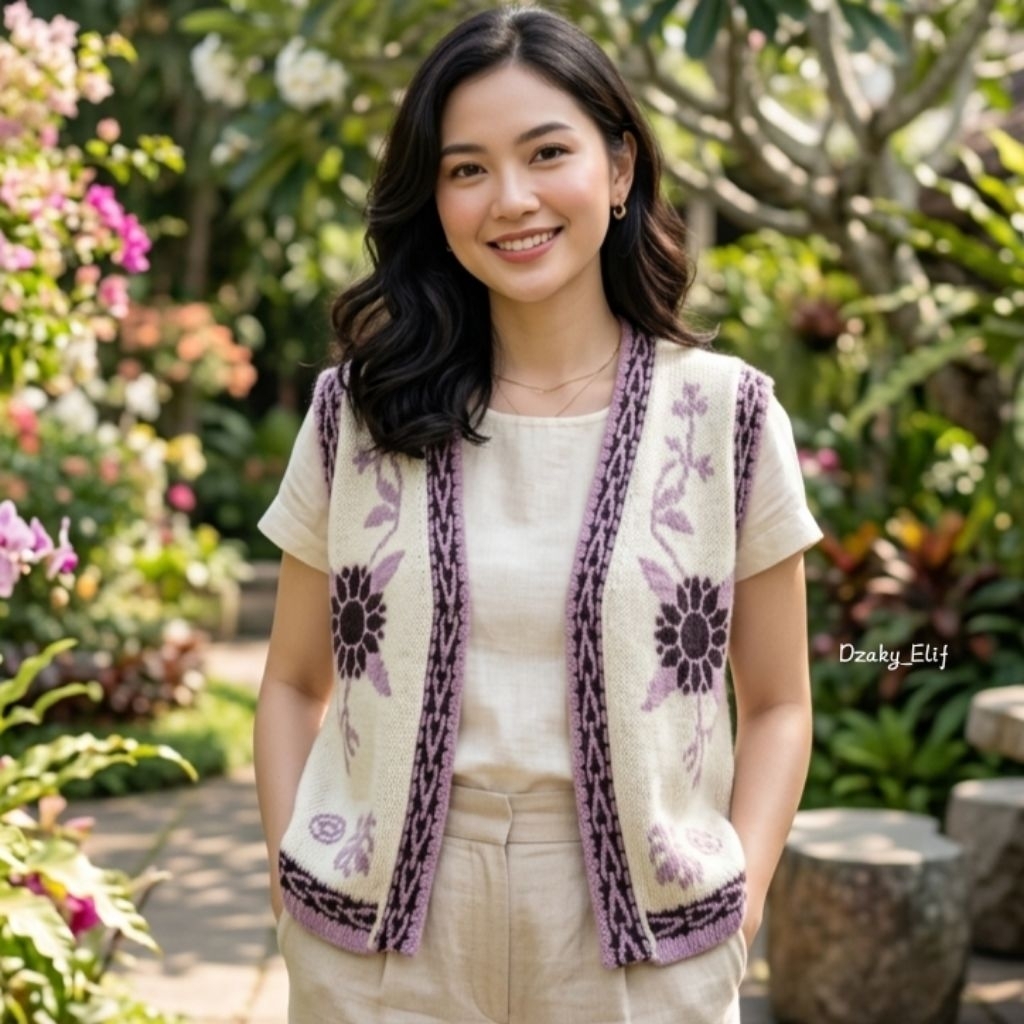 Outer vest rompi Rajut wanita Motif Bunga