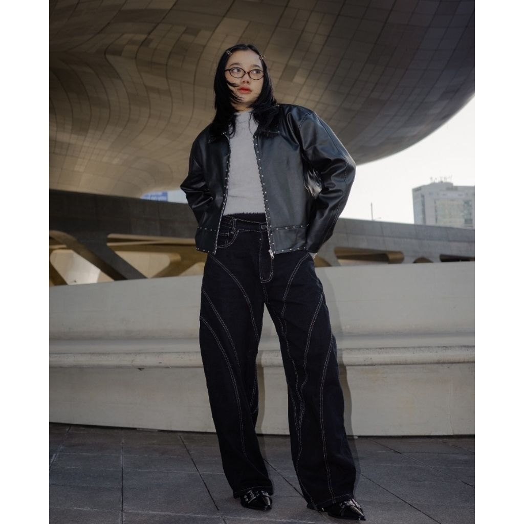 CATHA - Line Up Contrast Stitch Black Baggy Jeans Size S