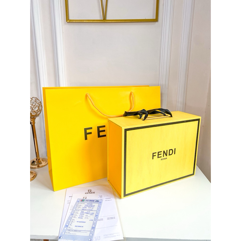 Paperbag dan Box Fendi Kuning - Kotak Penyimpanan Tas Slempang Handbag Wanita - Kotak Tas Kado Premi