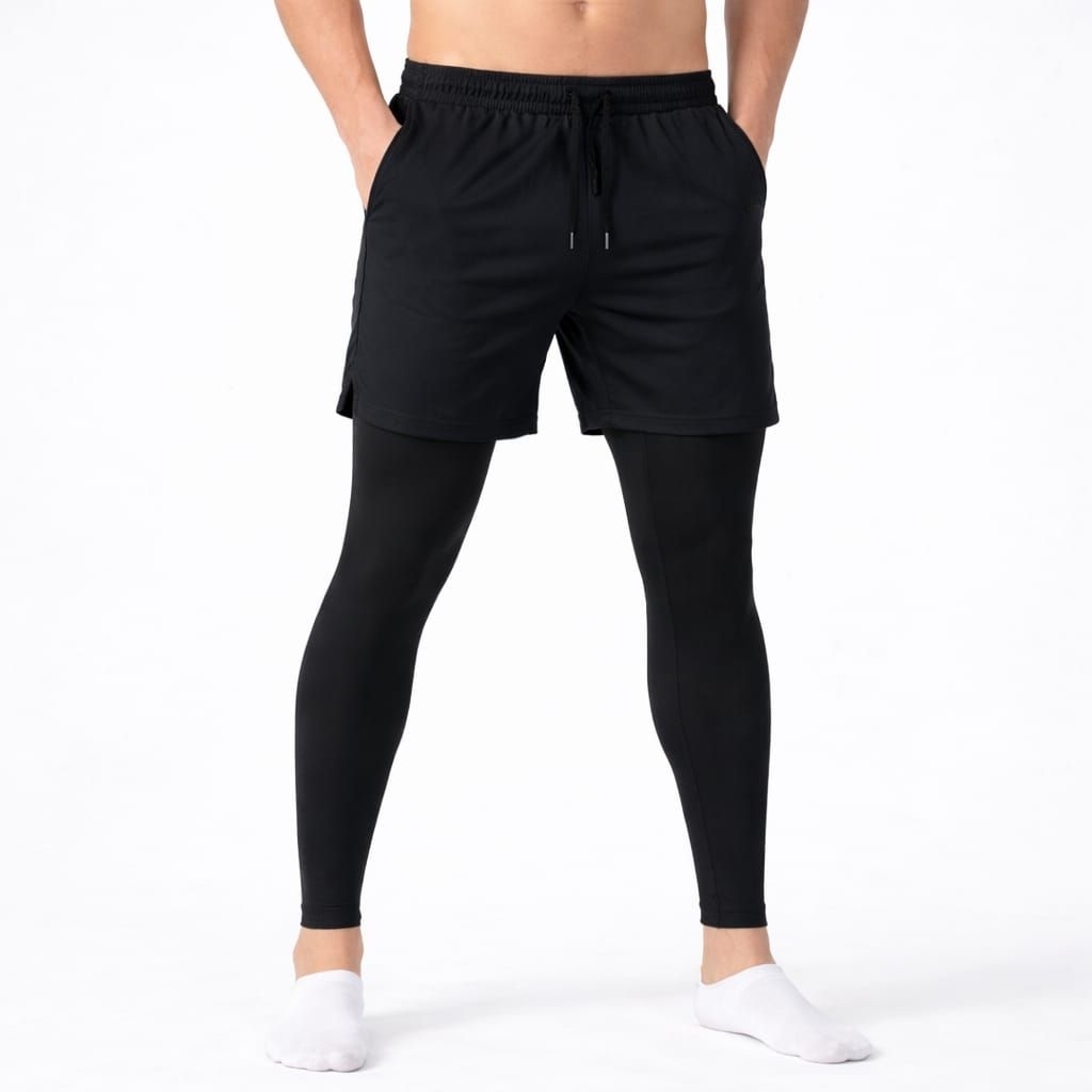 1 set stelan Olahraga pria legging panjang+ celana pendek polos